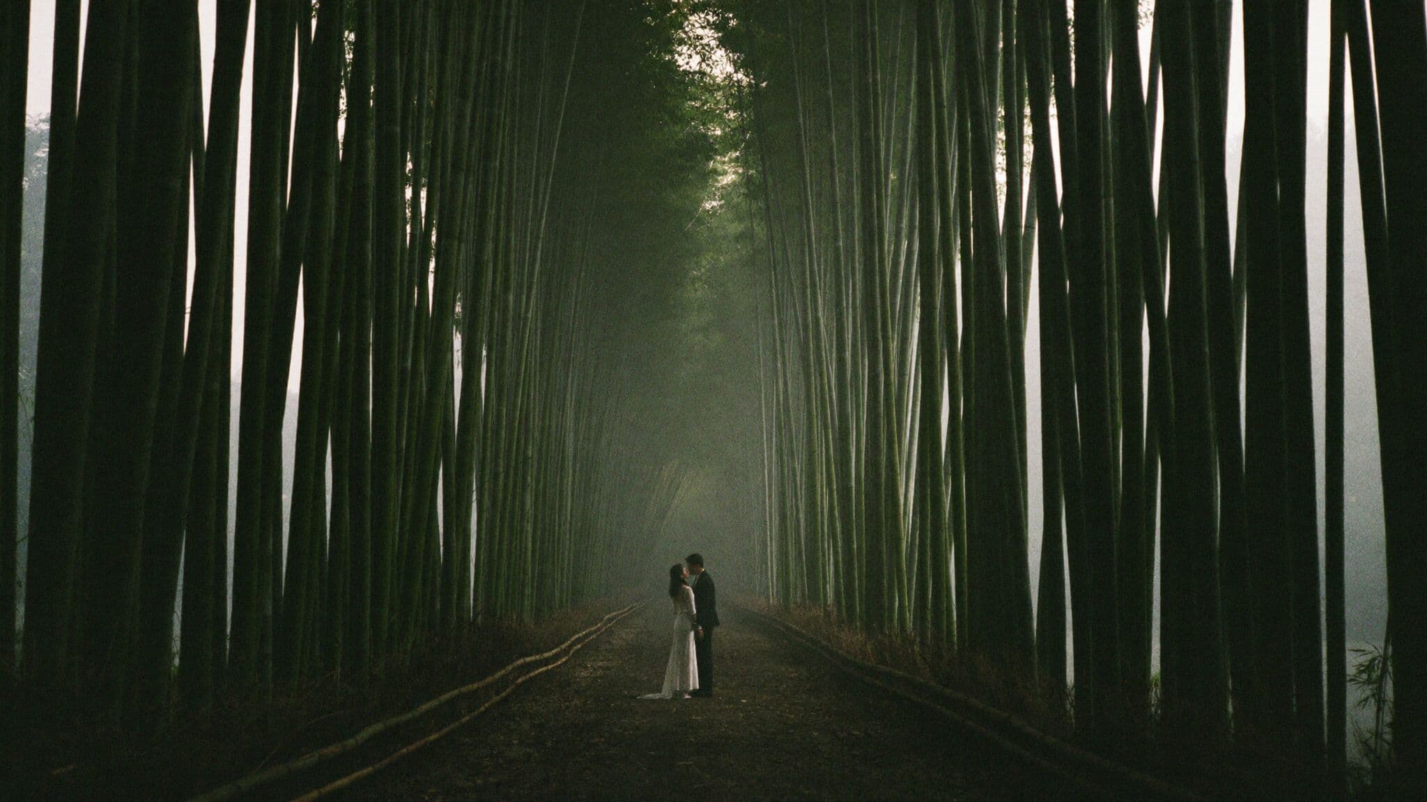 Bride and groom walking the empty Arashiyama bamboo grove at dawn during their Japan elopement