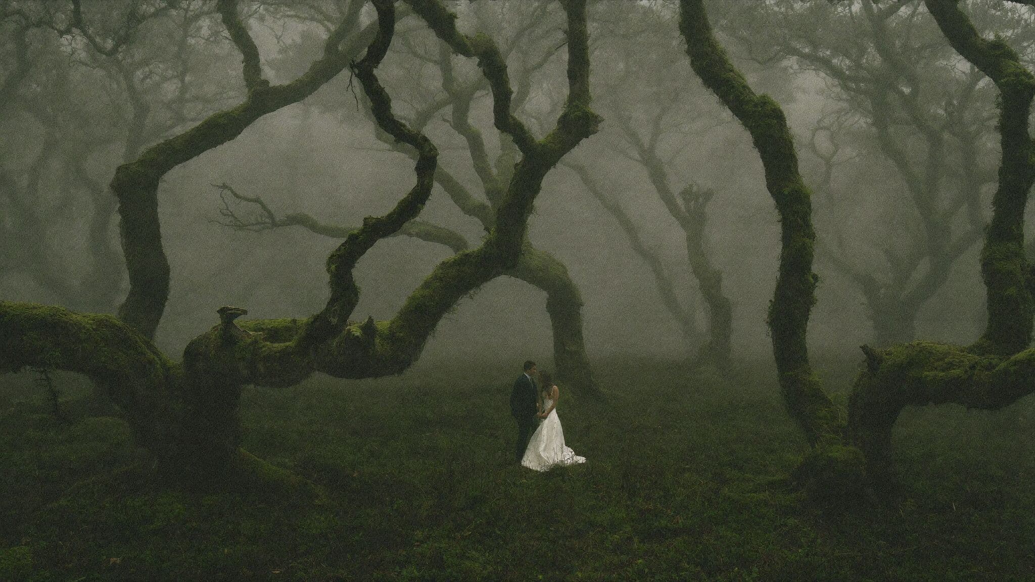 Couple among ancient fog-wrapped laurel trees in Fanal forest during their Madeira elopement